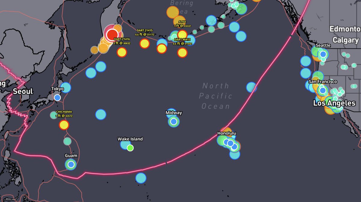 Impacts will be felt from the tsunami waves within minutes in Hawaii.  Red line is projected initial wave location.