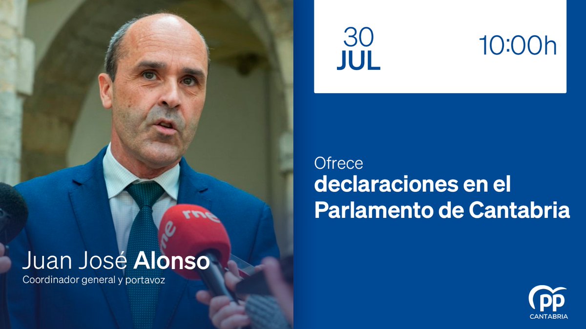 ppcantabria (@ppcantabria) on Twitter photo 🔵 <a href="/juanjoalonsov/">Juan Jose Alonso</a> ofrece declaraciones a los medios de comunicación sobre actualidad política
🗓️ Hoy, miércoles 30
⏰ 10:00h
📍 Patio del <a href="/parlacan/">Parlamento de Cantabria</a> 🔵 <a href="/juanjoalonsov/">Juan Jose Alonso</a> ofrece declaraciones a los medios de comunicación sobre actualidad política
🗓️ Hoy, miércoles 30
⏰ 10:00h
📍 Patio del <a href="/parlacan/">Parlamento de Cantabria</a>