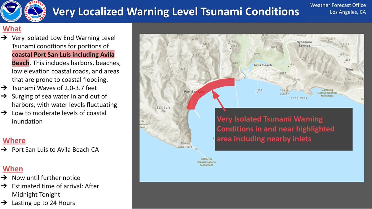 The Tsunami Advisory is still in effect for all of our coasts. However, we are expecting very isolated low end warning level tsunami conditions for portions of coastal Port San Luis including Avila Beach. Stay away from beaches, harbors &amp; coastal roads.