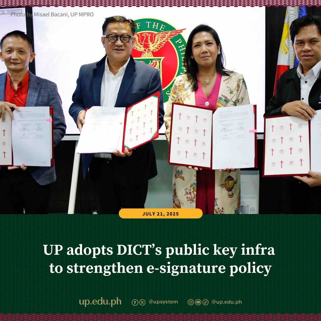 University of the Philippines (@upsystem) on Twitter photo The <a href="/upsystem/">University of the Philippines</a> is set to adopt the <a href="/DICTgovph/">Department of ICT PH</a>'s Philippine National Public Key Infrastructure to reinforce UP’s electronic signature policy.
Read more here: up.edu.ph/up-adopts-dict… The <a href="/upsystem/">University of the Philippines</a> is set to adopt the <a href="/DICTgovph/">Department of ICT PH</a>'s Philippine National Public Key Infrastructure to reinforce UP’s electronic signature policy.
Read more here: up.edu.ph/up-adopts-dict…