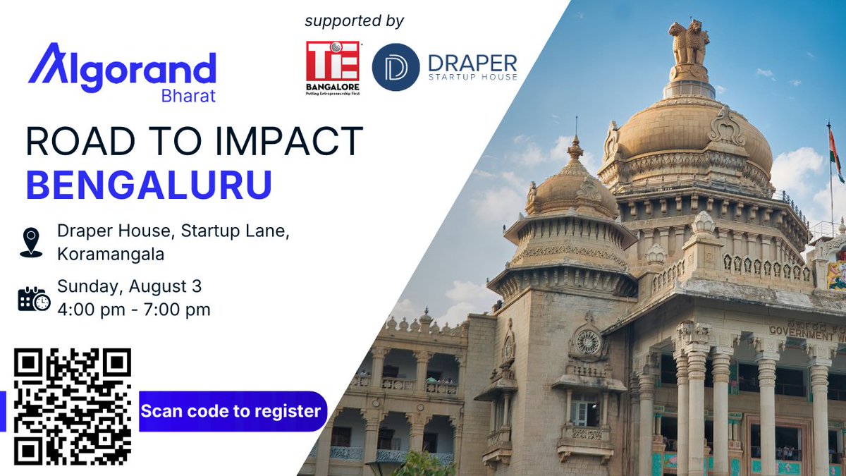 Algo_Bharat's tweet photo. It's starting to feel like home in Bengaluru:
✔ June 13-15: Hack Series #1 Grand Finale at @BLRxZo
🚀Aug 3: #Road2Impact launch at @dshglobal
💻Sept 12-14: @pyconindia
🇮🇳 Dec 6-7: @AlgoFoundation India Summit at @ITCGardenia
We can't wait to be back in the Garden City on Sunday, August 3. Sign up today to join us at Draper Startup House in Koramangala as we kick off the AlgoBharat Road to Impact Startup Pitch Competition and Hack Series #2.
▶ 4pm: Hands-on Ideation Workshop with frameworks and insights for techies and entrepreneurs moving from Web3 idea to product to pitching for over $20k in prize money in the AlgoBharat Pitch Competition.
▶ 6pm: Launch of Hack Series #2. Get all the details, rules, tracks, resources, and on your way to nearly $10k in prize money at the third annual #Algorand India Summit.
Space is limited so register today. We're excited to see what you're building, and you'll be excited to learn why the best devs are building on Algorand.
