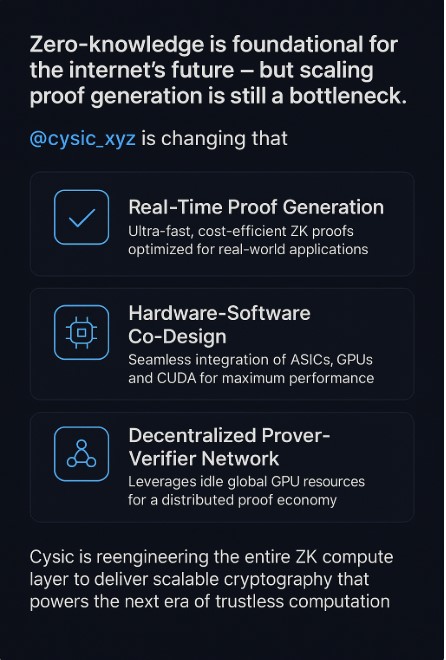 SleepyZephh's tweet photo. Zero-knowledge is foundational to the next era of the internet  but scaling proof generation has remained the core bottleneck.

@cysic_xyz is addressing this head-on by rebuilding the ZK compute layer from first principles to deliver production-grade performance:

– Real-Time Proof Generation: Ultra-fast, cost-efficient ZK proofs designed for real-world rollups, ZKML, and cross-chain bridges
– Hardware-Software Co-Design: Optimized ASIC, GPU, and CUDA integration for maximum throughput
– Decentralized Prover-Verifier Network: A global proof economy leveraging idle GPU resources
ZK Compute-as-a-Service is no longer theoretical. Cysic is creating the infrastructure for scalable cryptography that powers:
– AI inference and autonomous agents
– Trustless computation at internet scale
– The next wave of secure, composable Web3 applications
This isn’t just ZK optimization. It’s the foundation of a trustless, performant computing era.