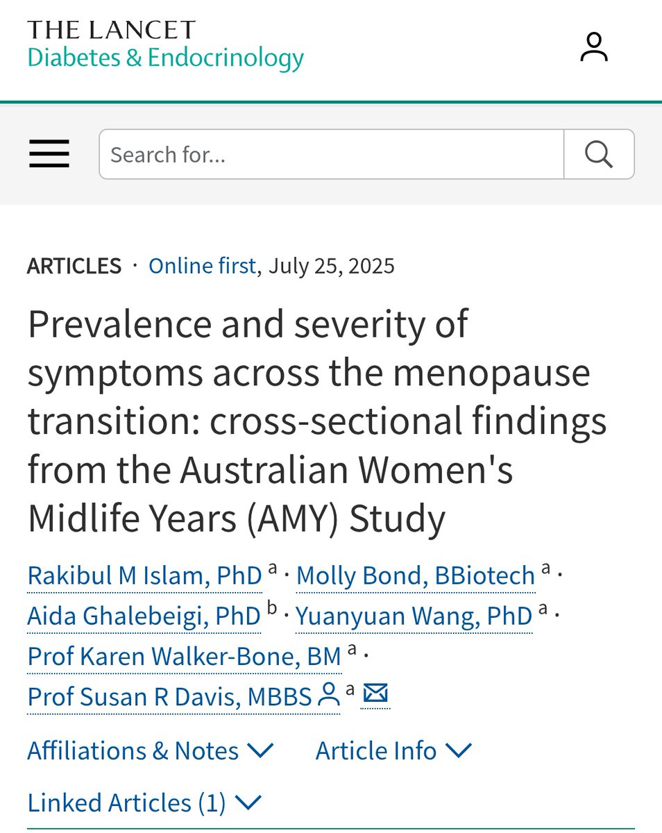 Prevalence and severity of symptoms across the menopause transition: cross-sectional findings from the Australian Women's Midlife Years (AMY) Study
thelancet.com/journals/landi…