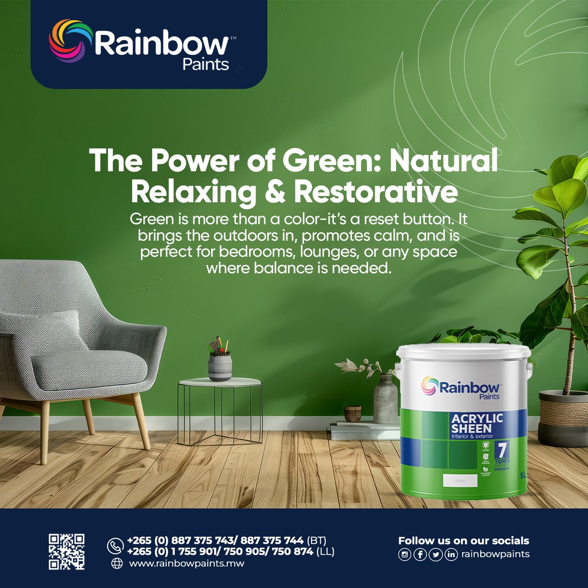 rainbowpaintsmw's tweet photo. Green is more than a color—it’s a reset button.
It brings the outdoors in, promotes calm, and is perfect for bedrooms, lounges, or any space where balance is needed.

#ColorPsychologyMW #PowerOfGreen #RelaxWithColor #RainbowPaintsMW #WellnessInteriors #NatureInspiredMW https://t.co/mVVU9fItVH