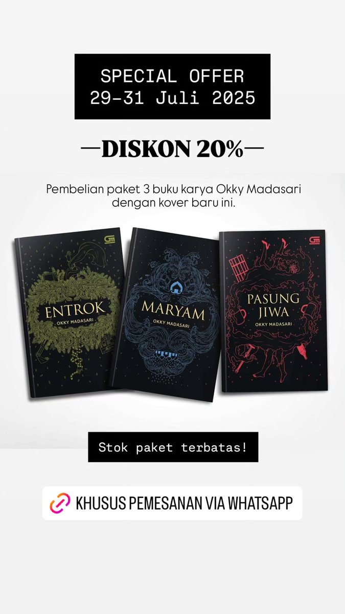 Kedai 😸 Boekoe (@kedaiboekoe) on Twitter photo Promo pembelian paket 3 novel karya <a href="/okkymadasari/">Okky Madasari</a> dengan kover baru cuma sampai besok, ya. Silakan.
🛒 wa.me/p/308937346935… Promo pembelian paket 3 novel karya <a href="/okkymadasari/">Okky Madasari</a> dengan kover baru cuma sampai besok, ya. Silakan.
🛒 wa.me/p/308937346935…