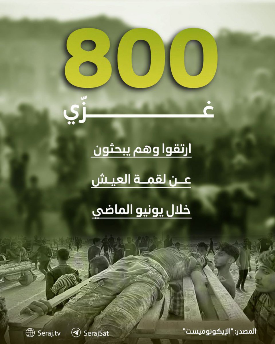 الإيكونوميست: 800 فلسطيني في غزة قتلوا خلال شهر يونيو الماضي أثناء محاولتهم الحصول على الطعام. 

أصبح الطعام حلم بالنسبة لغزة 💔

#غزة 
#غزه_تباد_وتحرق 
#GazaUnderAttack 
#Gaza