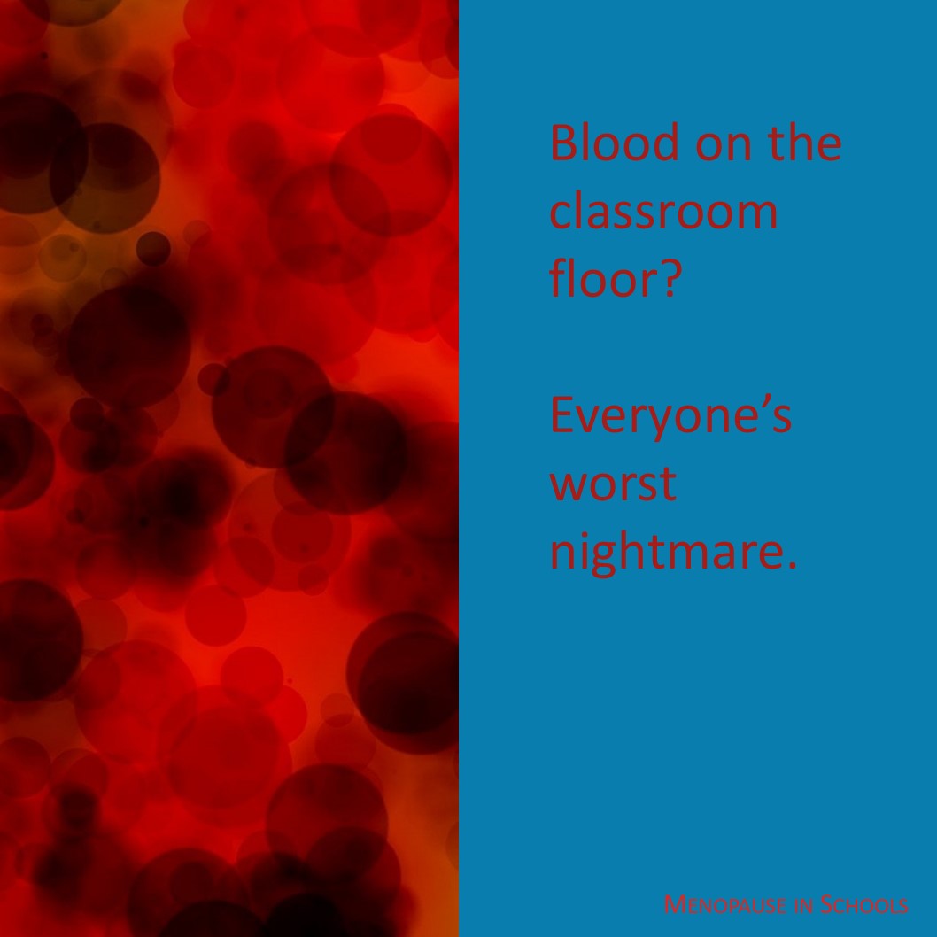 I hear horror stories. Standing in front of a class and feeling blood trickle down your legs. Sitting down and not being able to stand up again because there's a mess on your skirt and on the seat. Having to wait until the class has gone and then call for help to clean up.