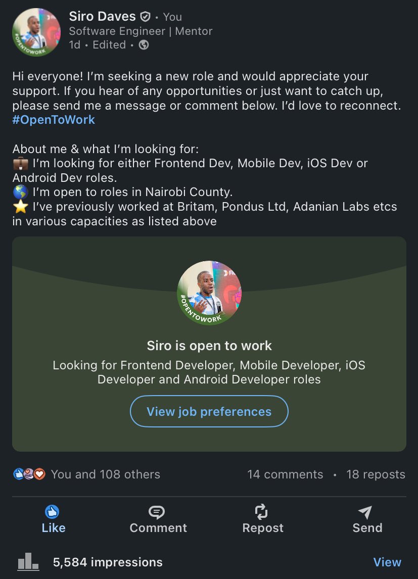 Its time I started to tarmac officially. Remote or Hybrid. Not open to Co founder or CTO roles not unless they are paying well to own a Cayenne  in a year or 2. Otherwise I love to code only. Big tittles with little money or a promise of stake are not my thing.