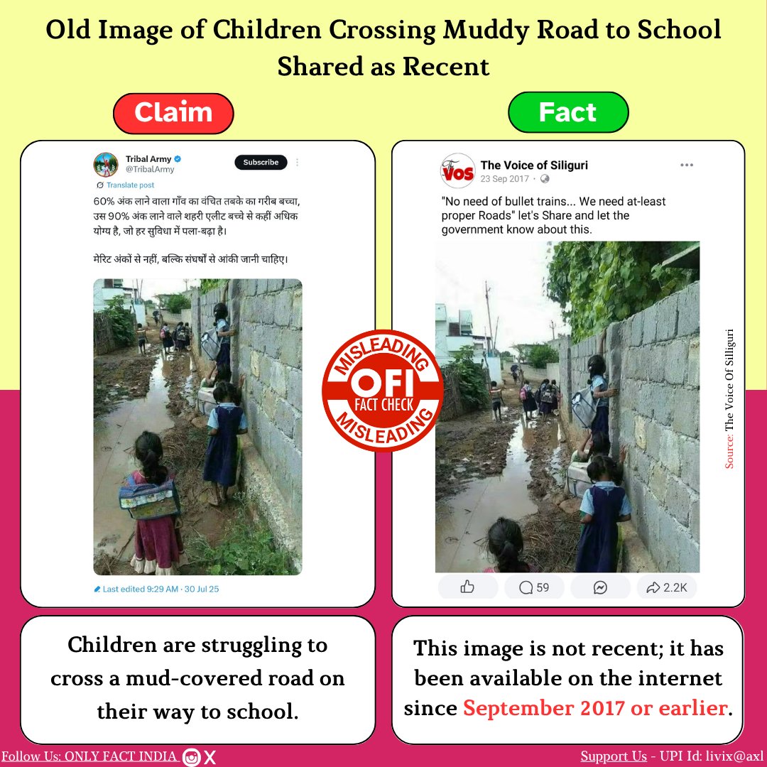 The image showing school-going children navigating a muddy road has been available on the internet since 2017 or even earlier. It is now being falsely shared as recent.