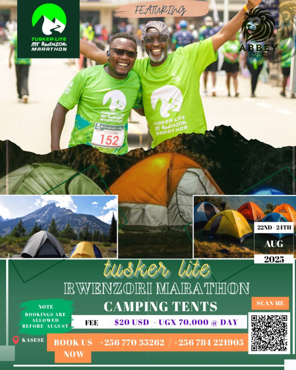 Namakula Phiona (@phiona_nam53267) on Twitter photo Rwenzori Marathon Camping Experience Now Available
We are pleased to announce that the official camping experience for the <a href="/RwenzoriMarathn/">Tusker Lite Rwenzori Marathon</a> is now open for bookings.
To reserve your camping spot and for further assistance, kindly contact <a href="/sharon_amon/">sharon amono</a> or <a href="/Abbey22111/">Abbey Tours UG🐗</a> Rwenzori Marathon Camping Experience Now Available
We are pleased to announce that the official camping experience for the <a href="/RwenzoriMarathn/">Tusker Lite Rwenzori Marathon</a> is now open for bookings.
To reserve your camping spot and for further assistance, kindly contact <a href="/sharon_amon/">sharon amono</a> or <a href="/Abbey22111/">Abbey Tours UG🐗</a>