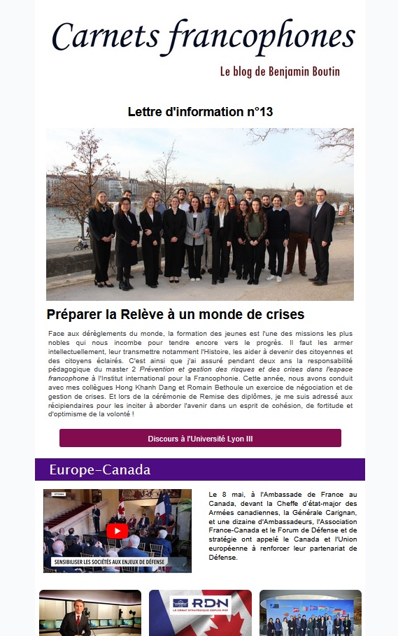 𝑪𝒂𝒓𝒏𝒆𝒕𝒔 𝒇𝒓𝒂𝒏𝒄𝒐𝒑𝒉𝒐𝒏𝒆𝒔, 13e infolettre !📩

📚️Actualités sur la #Francophonie, la relation #FranceQuébec &amp; #EuropeCanada, le #multilatéralisme et la formation de la #Relève. 

🏝️RDV au festival du #livre de l'Île de Ré les 9 et 10 août!

sh1.sendinblue.com/ae3apkip39pfe.…
