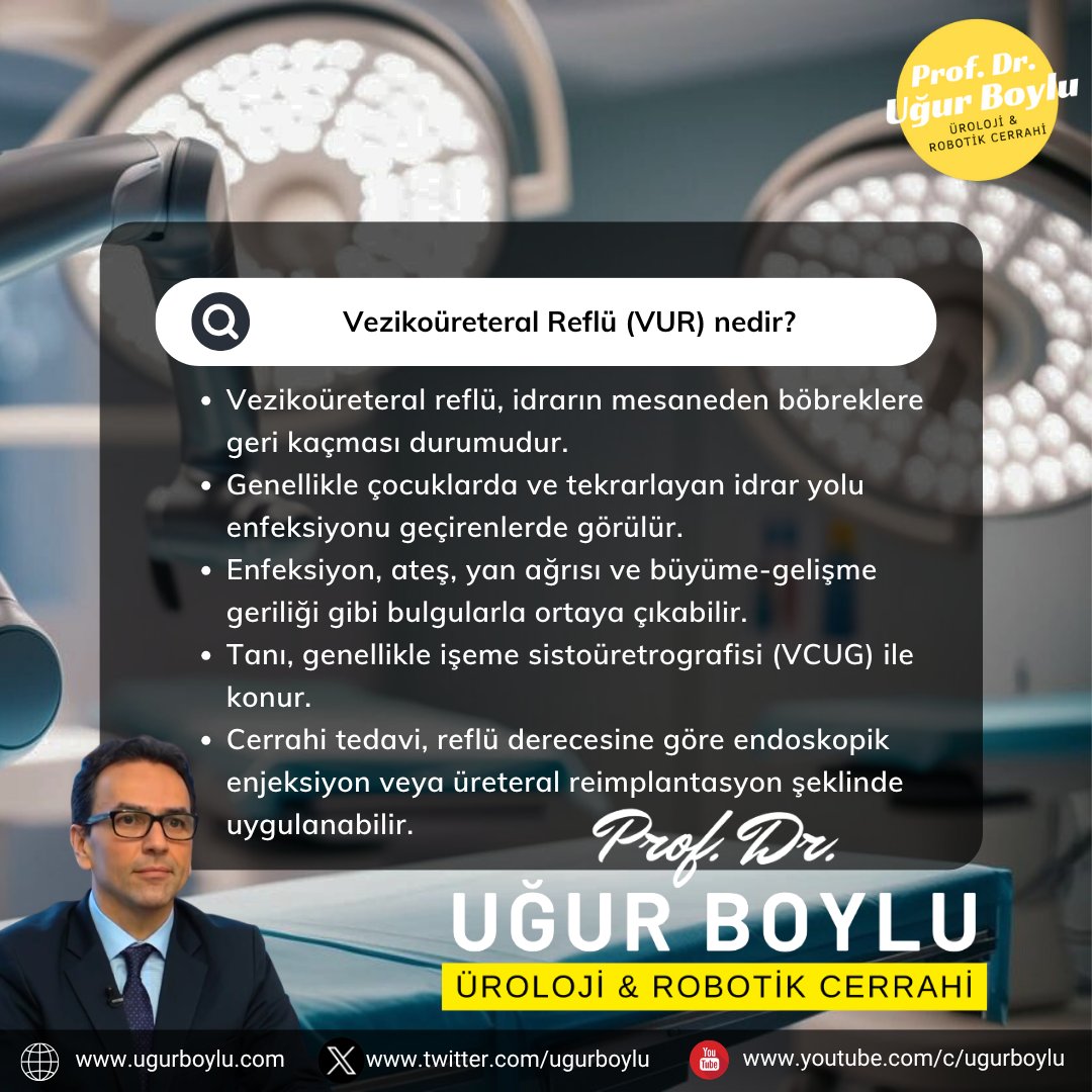 Vezikoüreteral reflü (#VUR), idrarın mesaneden böbreklere geri kaçmasıdır. Tekrarlayan idrar yolu enfeksiyonlarına neden olabilir. Erken tanı, böbrek hasarını önlemek için önemlidir. #Robotik #üreter cerrahisi sayesinde daha hızlı iyileşme sağlanabilir.

ugurboylu.com/vezikoureteral…