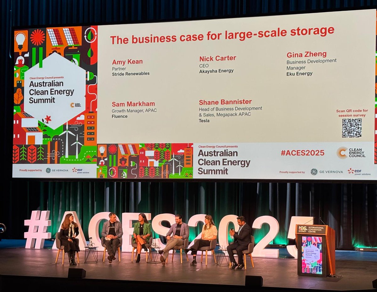 Fun panel at <a href="/cleannrgcouncil/">Clean Energy Council</a> #ACES2025 today riffing with friends and colleagues <a href="/Akaysha_energy/">Akaysha</a>, <a href="/eku_energy/">Eku Energy</a>, Fluence &amp; CORE on the business case for #BESS. While we agree on a lot, including that the industry is in a great place, it was nice to discuss some more prickly topics