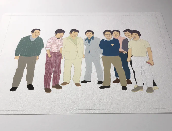 自主制作は、使いたい色から塗って、後半帳尻を合わせるという描き方が多いです。 ヘッダーに使ったこの絵は、お兄さん方を描いてから、マイブームの噴水を描きたいと思って、さてどうしよう、とりあえずiPadで撮ってプロクリで色置いてみるかな、って描きました。 一応白黒でバランスは見ます。