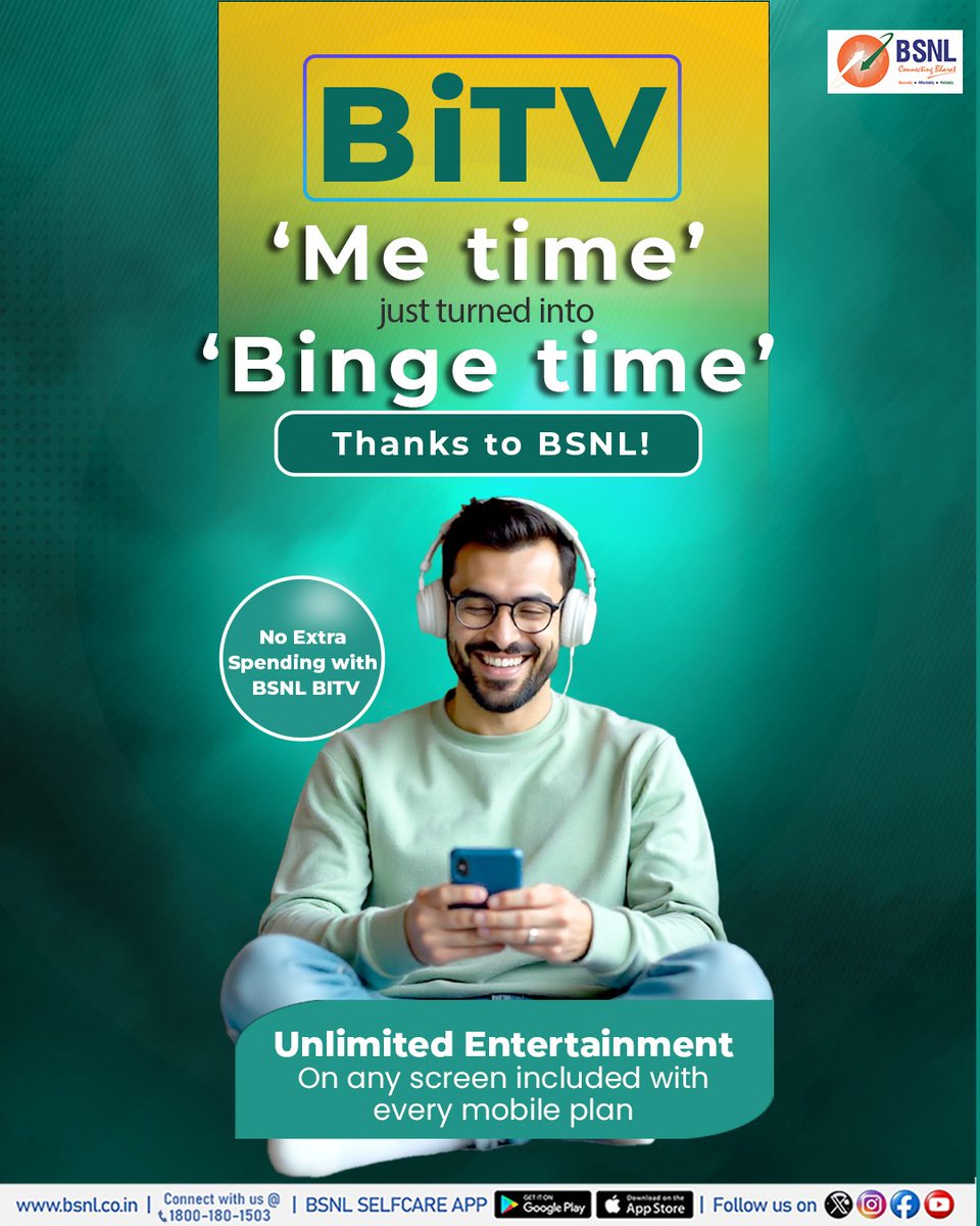 Binge smarter with BSNL BiTV!
Unlimited shows &amp; movies, streaming on any screen and it's already included with your BSNL mobile plan.

Sit back. Switch on. Stream nonstop.

#BSNL #BiTV #DigitalIndia #Entertainment