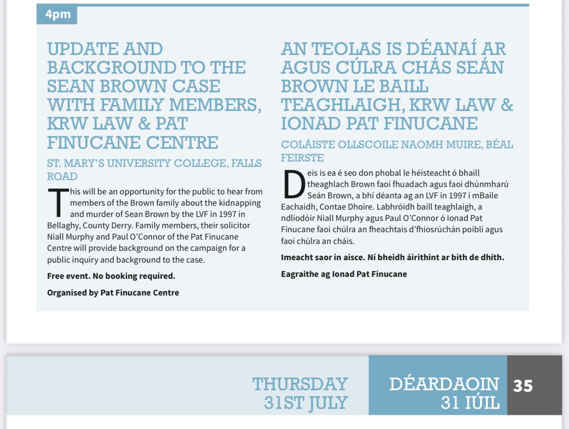 Clare Loughran (@loughran_clare) on Twitter photo We are very honoured to be asked, alongside <a href="/KRWLaw/">KRW Law Human Rights</a> to speak at <a href="/FeileBelfast/">Féile an Phobail</a> tomorrow (Thursday 31st) at 4pm in St Mary’s to give some important updates on Daddy’s case. Thank you to the organisers and PFC for the opportunity We are very honoured to be asked, alongside <a href="/KRWLaw/">KRW Law Human Rights</a> to speak at <a href="/FeileBelfast/">Féile an Phobail</a> tomorrow (Thursday 31st) at 4pm in St Mary’s to give some important updates on Daddy’s case. Thank you to the organisers and PFC for the opportunity