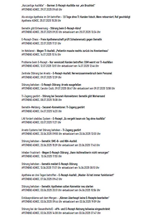 Wenn man mal nur die Störungsmeldungen zu #TI und #eRezept von Juni und Juli auf dem Portal APOTHEKE ADHOC zusammenschreibt, kommt eine ganz schöne Liste zusammen.