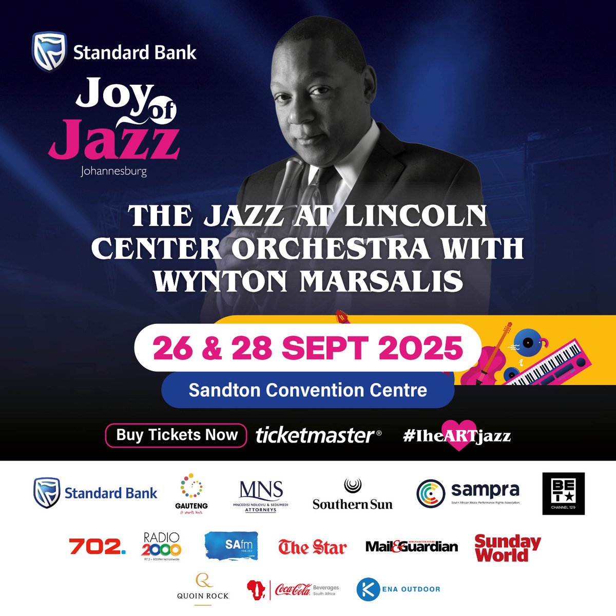 Jazz legend Wynton Marsalis and the Jazz at Lincoln Center Orchestra are set to headline the 2025 Standard Bank Joy of Jazz Festival! Don’t miss them on the Dinaledi stage, performing Friday and Sunday. 

#TAKEMETHERE  #IHEARTJAZZ #DEEPINTHEHEARTOFJAZZ