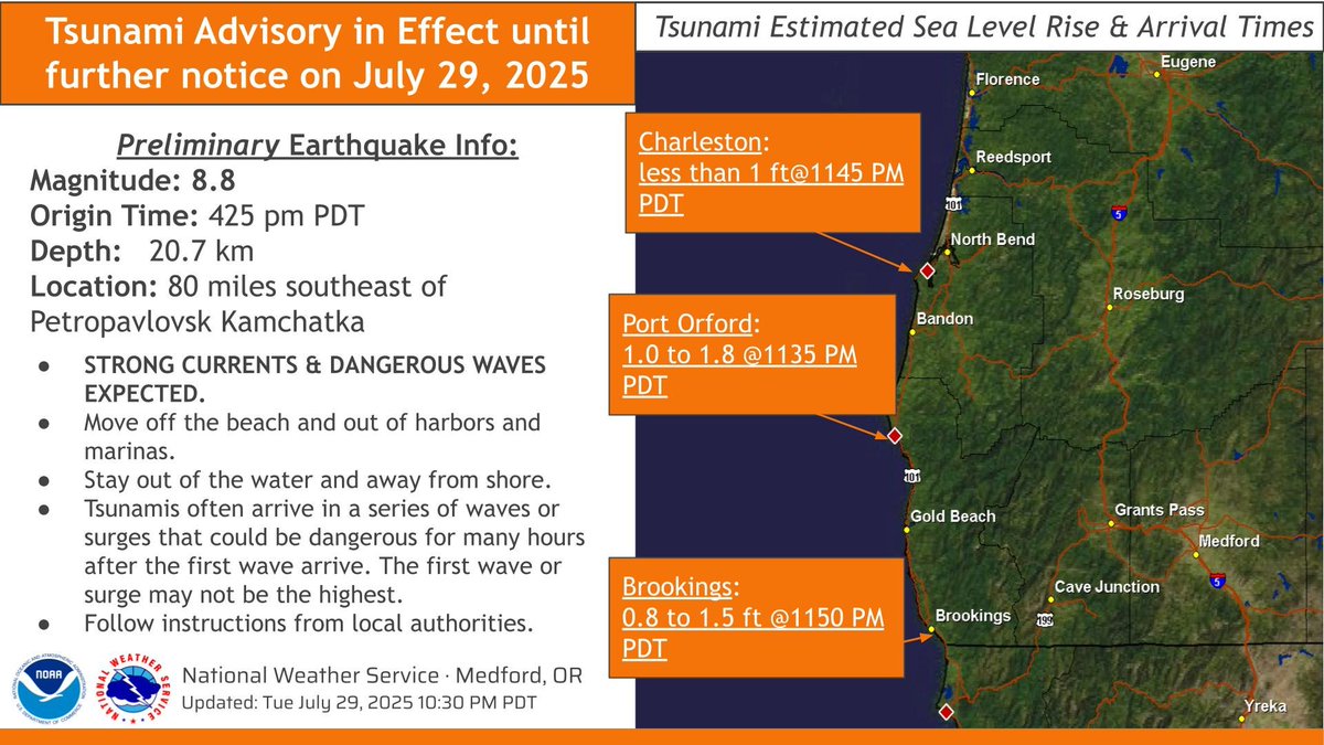 A tsunami advisory has been issued for coastal areas of Oregon. If you are located in this coastal area, move off the beach and out of harbors or marinas. Stay out of the water and away from shore. Follow instructions from local authorities. Stay tuned for updates. #orwx