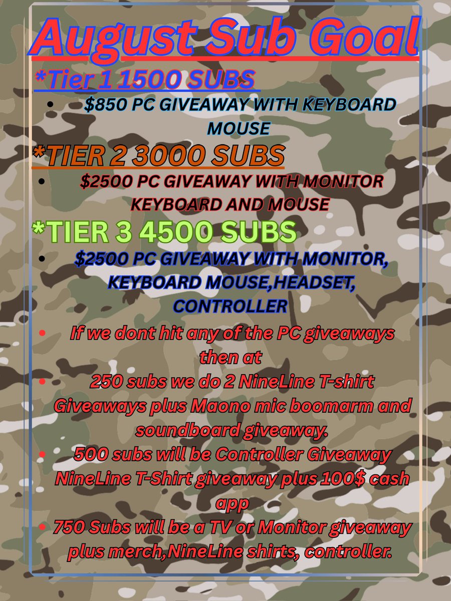 August goals we trying to accomplish!! No cap to how many entries you get for end of month give away! 1 sub is 1 entry. I’d love to be able to give away a PC! But more importantly I’d love to just be able to continue to stream and talk to everyone that comes thru my chat! I take