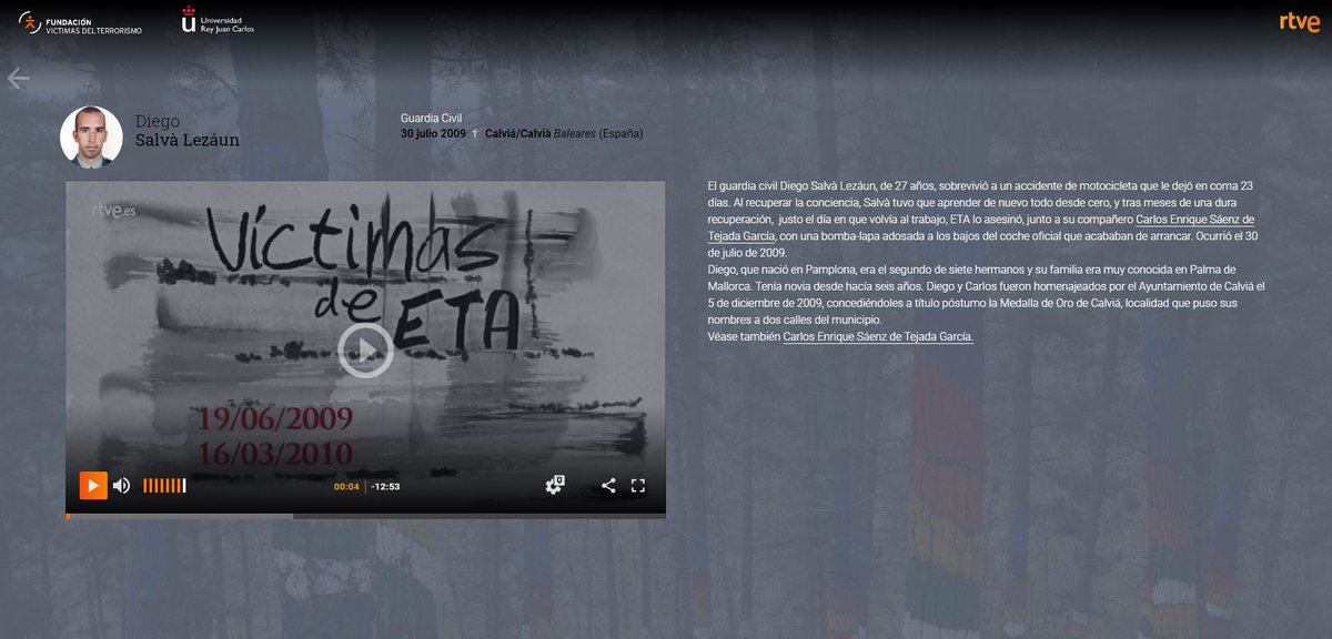 FundaciónVT (@_fundacionvt) on Twitter photo Siempre en la #memoria. El 30-07-09, DIEGO SALVÁ LEZAUN, agente <a href="/guardiacivil/">Guardia Civil</a>, fue asesinado en Mallorca por #ETA. Murió, junto al agente Sanz, por la explosión de una bomba-lapa que se activó al arrancar el vehículo de la Guardia Civil. Tenía 27 años.
rtve.es/memoriadevida/…
(2) Siempre en la #memoria. El 30-07-09, DIEGO SALVÁ LEZAUN, agente <a href="/guardiacivil/">Guardia Civil</a>, fue asesinado en Mallorca por #ETA. Murió, junto al agente Sanz, por la explosión de una bomba-lapa que se activó al arrancar el vehículo de la Guardia Civil. Tenía 27 años.
rtve.es/memoriadevida/…
(2)