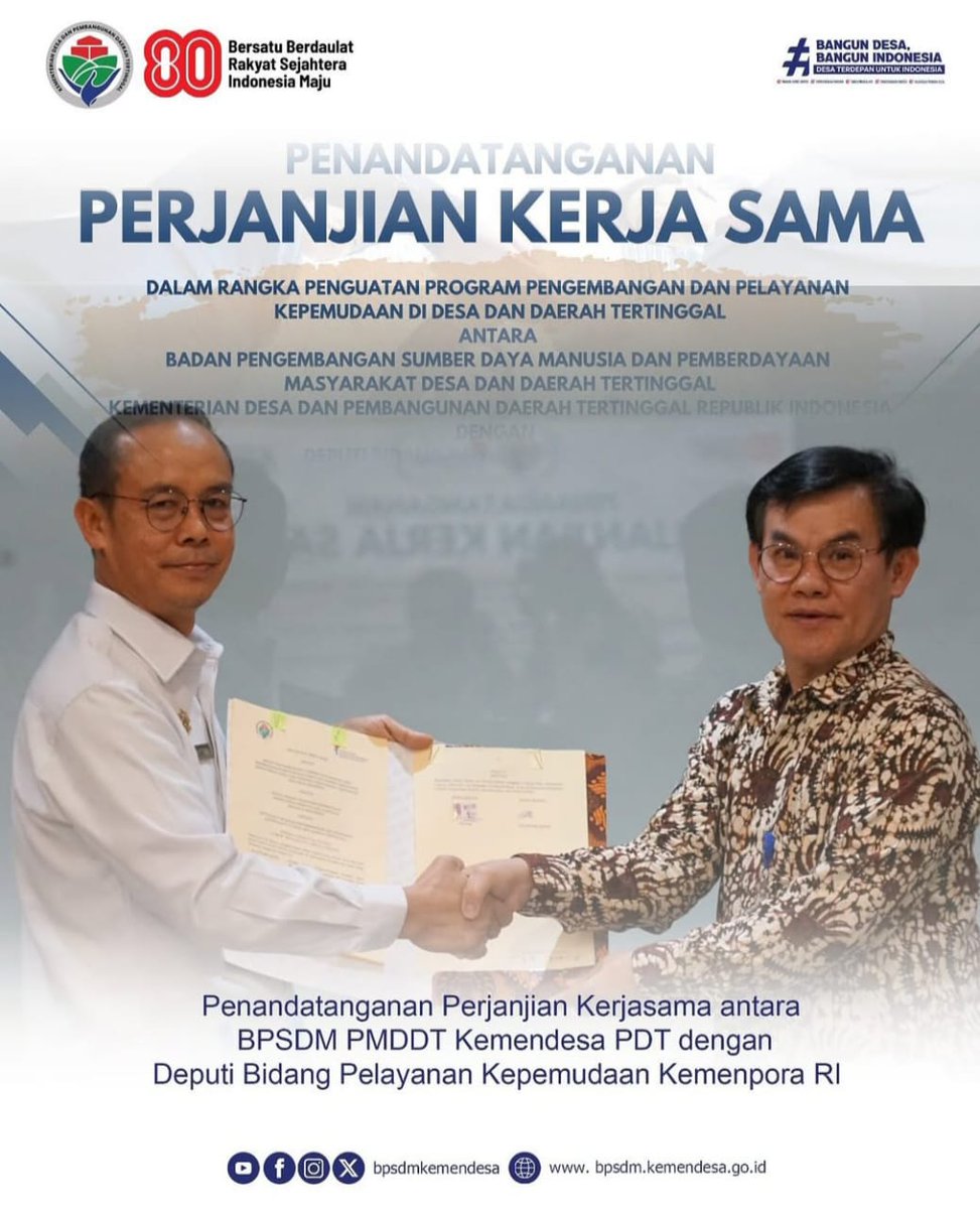 Fathor260776's tweet photo. Penandatangan PKS BPSDM Kemendesa PDT dengan Deputi Pelayanan Kepemudaan Kemenpora RI

@prabowo
@YandriSusanto27
@ArizaPatria
@taufikmadjid71
@kemendespdt
@bpsdmkemendesa
@DesaPeNusantara https://t.co/g4v61LFo7U