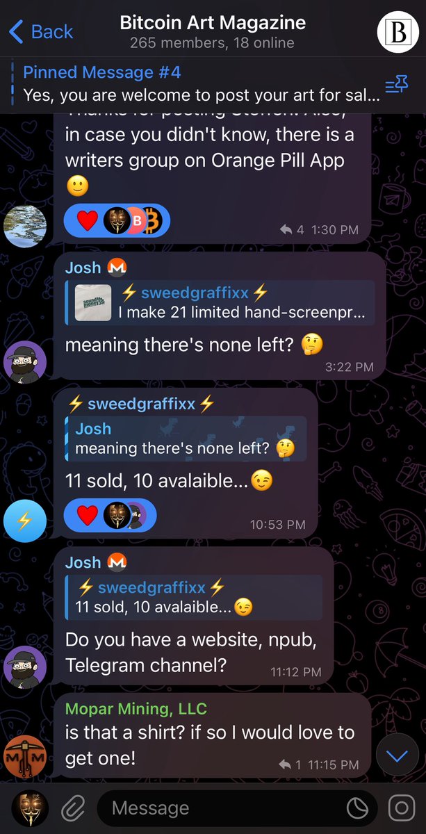 Asanoha (@asanoha_gold) on Twitter photo Come join us in the <a href="/BitcoinArtMag/">Bitcoin Art Magazine</a> Telegram chat! Link in bio:)
We got Mad Munky making beats and artists making sales ⚡️
<a href="/ModeotecArt/">ModeoAxe</a>
<a href="/sweedgraffixx/">sweedgraffixx</a>
<a href="/MoparMining/">MoparMiningLLC</a>
<a href="/rottenwheel1/">Rotten</a>
<a href="/cryptbdango/">Stackit</a> Come join us in the <a href="/BitcoinArtMag/">Bitcoin Art Magazine</a> Telegram chat! Link in bio:)
We got Mad Munky making beats and artists making sales ⚡️
<a href="/ModeotecArt/">ModeoAxe</a>
<a href="/sweedgraffixx/">sweedgraffixx</a>
<a href="/MoparMining/">MoparMiningLLC</a>
<a href="/rottenwheel1/">Rotten</a>
<a href="/cryptbdango/">Stackit</a>