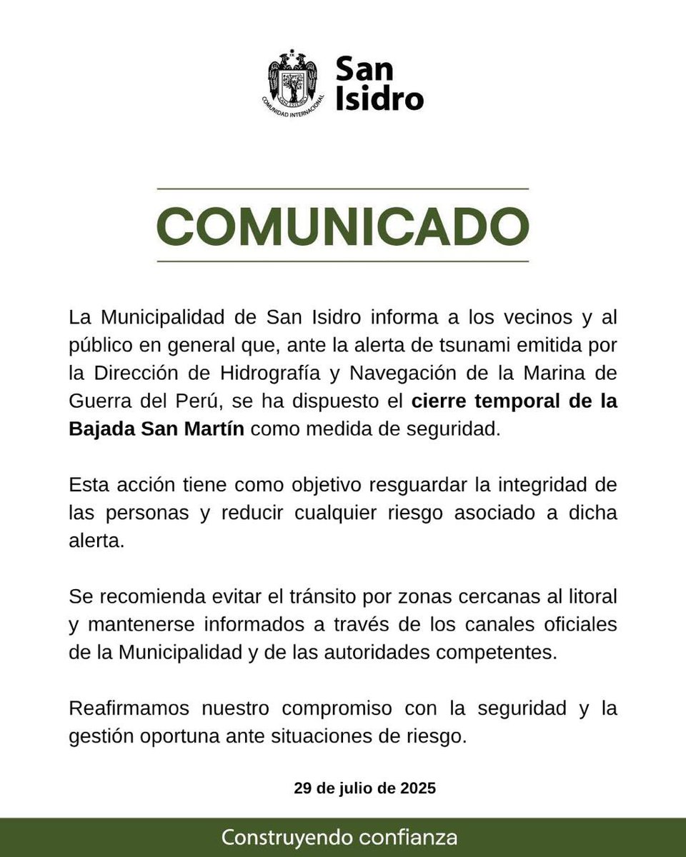 Schereiberaldin's tweet photo. Medidas ante alerta de tsunami: 🌊
👀Muni de San Isidro cerró la Bajada San Martín
👀Ilo cerró todos sus puertos desde las 00:00 horas del 30 de julio
📢 Piden evitar zonas costeras 
#Tsunami #Emergencia #SanIsidro #Ilo #Alerta #Rusia https://t.co/qF2vsNXCwq