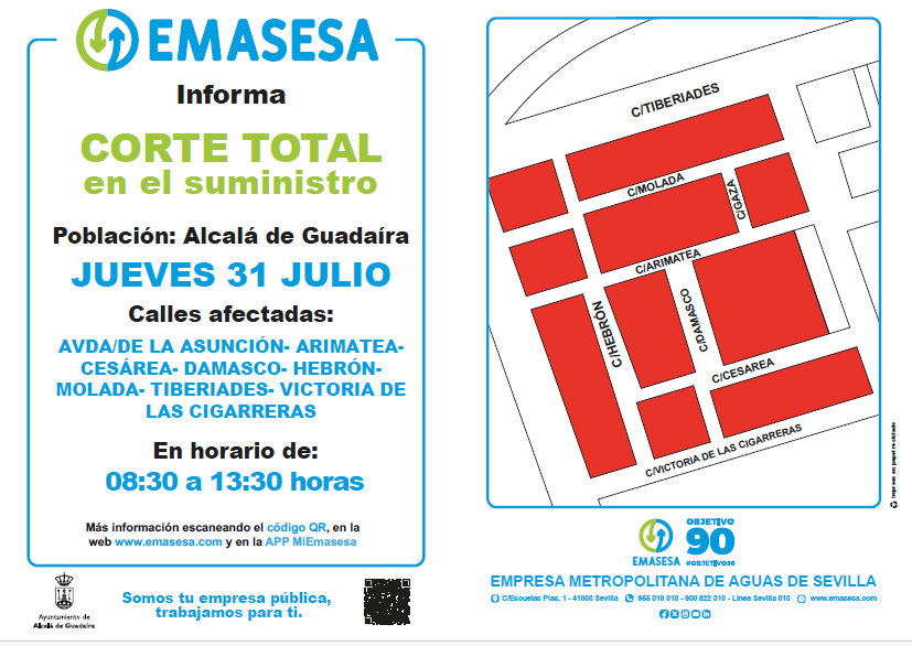 31/07 #Corte en el suministro de #TuAgua por trabajos en la red de abastecimiento en Av. de la Asunción y otras en #AlcaládeGuadaíra
⌚De 08:30 a 13:30 h.
Gracias y disculpen las molestias. #TrabajamosParaTi
#EMASESA #TuEmpresaPúblicaDelAgua <a href="/aytoguadaira/">Alcalá de Guadaíra</a>