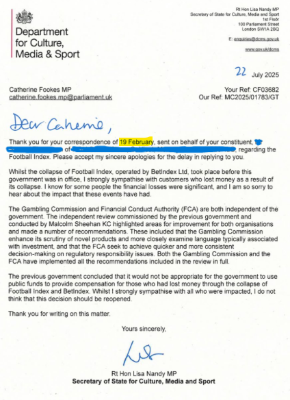 5 months to issue this <a href="/lisanandy/">Lisa Nandy MP</a> &amp; <a href="/DCMS/">Department for Culture, Media and Sport</a> with no additional info other than "the Tories said no" is not acceptable. I have seen this letter twice in the last week, both taking circa 6 months to respond to. Disgusting you won't meet us to discuss #footballindex
