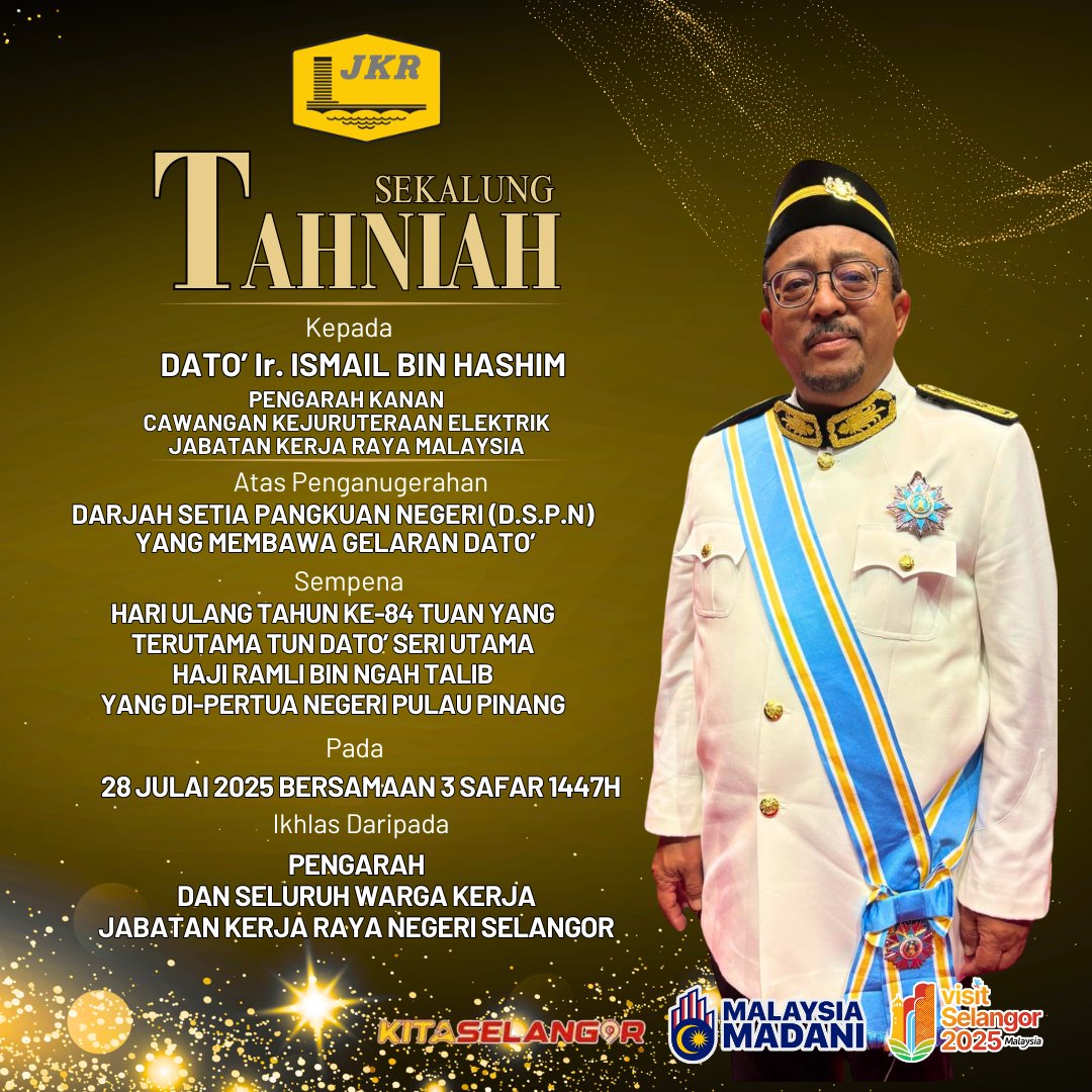 JKR Selangor (@jkrselangor) on Twitter photo Seluruh warga kerja JKRSelangor mengucapkan setinggi-tinggi tahniah kepada YBhg. Dato’ Ir. Ismail Bin Hashim di atas pengurniaan Darjah Setia Pangkuan Negeri (D.S.P.N) yang membawa gelaran Dato’.
Laporan penuh.. facebook.com/share/167miAWC… <a href="/Irshukriishak/">Ir. Shukri Bin Ishak</a> <a href="/IPJKR_Official/">JKR Malaysia Rasmi</a> <a href="/moworksmy/">Kementerian Kerja Raya Malaysia</a> Seluruh warga kerja JKRSelangor mengucapkan setinggi-tinggi tahniah kepada YBhg. Dato’ Ir. Ismail Bin Hashim di atas pengurniaan Darjah Setia Pangkuan Negeri (D.S.P.N) yang membawa gelaran Dato’.
Laporan penuh.. facebook.com/share/167miAWC… <a href="/Irshukriishak/">Ir. Shukri Bin Ishak</a> <a href="/IPJKR_Official/">JKR Malaysia Rasmi</a> <a href="/moworksmy/">Kementerian Kerja Raya Malaysia</a>