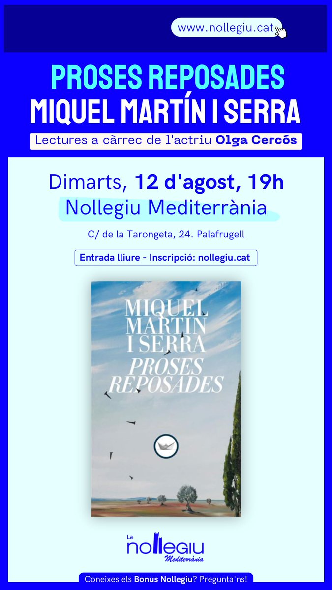 Agenda:
Dimarts, 12 d'agost, a les set del vespre us esperem a la <a href="/Nollegiu/">Nollegiu</a> Mediterrània, a Palafrugell, per presentar Proses reposades, de Miquel Martín. Amb l'autor i Olga Cercós: