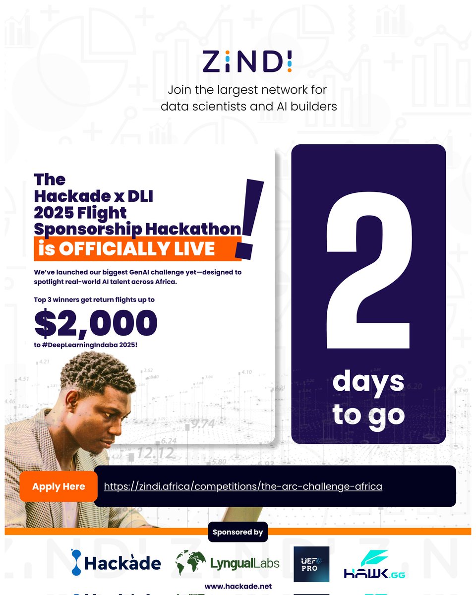 Its getting closer, Get ready to soar! 🚀 Join the Hackade x DLI 2025 Flight Sponsorship Hackathon &amp; win flights to #DeepLearningIndaba! #GenAI #Africa

Thanks to our sponsors <a href="/LyngualLabs/">LyngualLabs</a> <a href="/JoshUwaifo/">Joshua Uwaifo</a> <a href="/Hawk__sa/">Hawk Gaming Group</a>