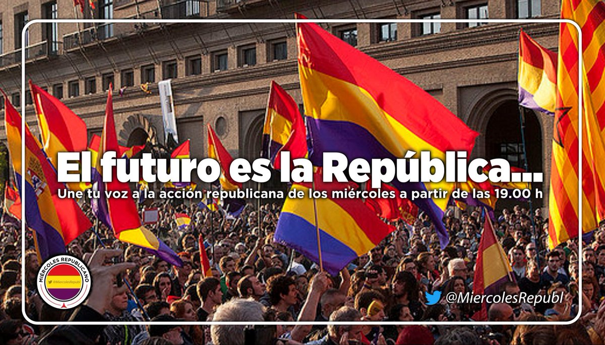 Nora 👀🍀♣️🇺🇾 (@nora1234938) on Twitter photo Hoy miércoles a partir de las 19.00 h (18.00 h en Canarias) tenemos una cita con el hashtag republicano de <a href="/MiercolesRepubl/">Miércoles Republicano ❤️💛💜</a>, por una República
❤️ Federal
💛 Laica
💜 Feminista
Suma tu voz!!!! Hoy miércoles a partir de las 19.00 h (18.00 h en Canarias) tenemos una cita con el hashtag republicano de <a href="/MiercolesRepubl/">Miércoles Republicano ❤️💛💜</a>, por una República
❤️ Federal
💛 Laica
💜 Feminista
Suma tu voz!!!!