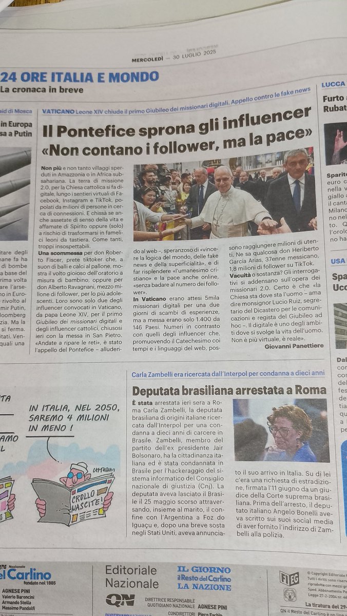 #Giubileoi #influencer

Giubileo degli influencer cattolici, in Vaticano meno missionari digitali delle attese. Il Papa: "Riparate le reti, portate la pace online"
Qn, 30 luglio 2024

<a href="/Pontifex/">Pope Leo XIV</a>
