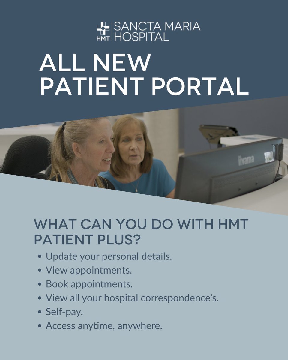 HMTSanctaMaria's tweet image. Managing your healthcare needs should be as easy as clicking a button. 

That’s why we’ve introduced HMT Patient Plus, a system designed to bring convenience and control directly into your hands.

For more information click here: hmtsanctamaria.org/patient-plus/

#HMT #PatientPlus