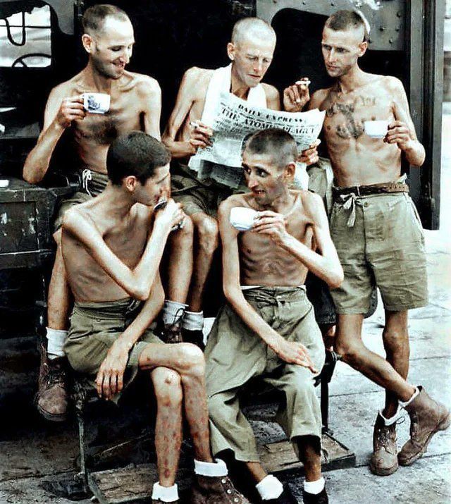British soldiers after their release from Japanese captivity in Singapore, 1945.