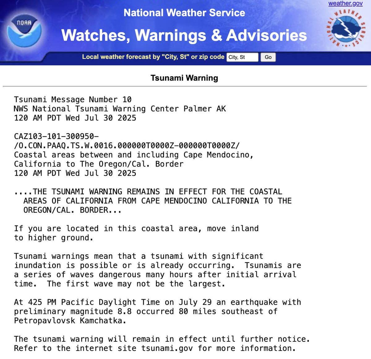 🚨🇺🇸 TSUNAMI WAVES BUILDING ALONG CALIFORNIA COAST

Tsunami waves are increasing in intensity, with a 1.6 ft wave above tide level now recorded at Arena Cove, California.

The National Weather Service warns the threat is ongoing from Cape Mendocino to the Oregon–California