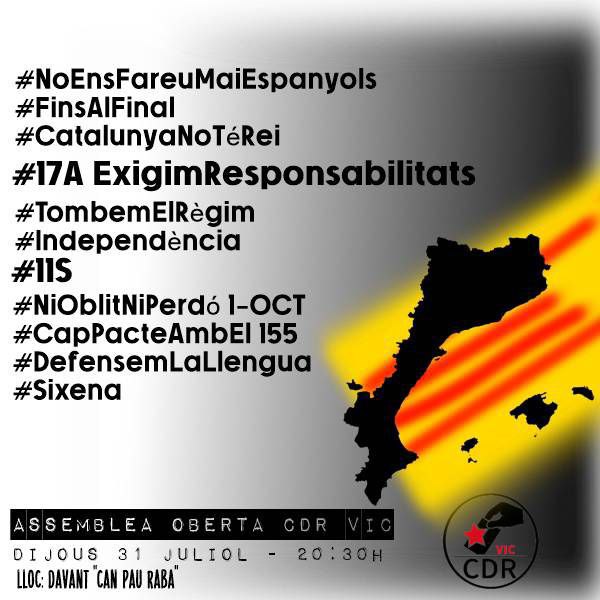 ℹ️ASSEMBLEA OBERTA del CDR Vic

ASSEMBLEA al carrer Raval Cortines
(Davant de 'Can Pau Raba')
Aquest DIJOUS 31/7/25 a les 20.30h.

#CDRenXarxa
#17A
#FinsAlFinal