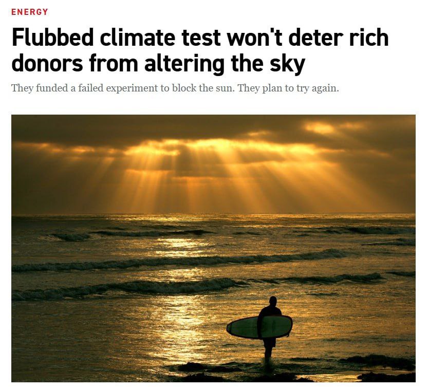 Politico has uncovered a secret experiment to dim the sun, sponsored by billionaires and crypto moguls.

In 2024, a group of scientists from the University of Washington attempted to launch a project in California to block the sun's rays using artificial clouds.

The experiment
