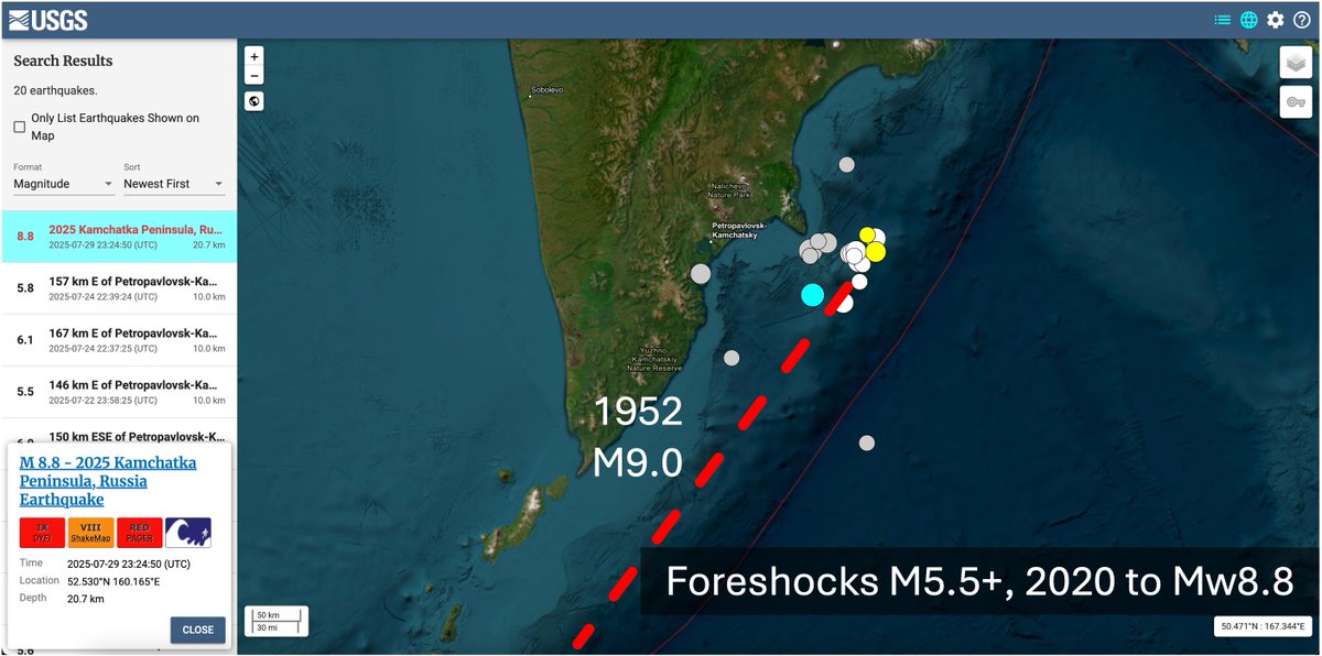 BaoningWu's tweet image. Seems that the 2025 event re-ruptured the 1952 area (aftershocks + finite fault). The 2025 didn&apos;t rupture across the segment boundary; rather, it nucleated near the possible segment boundary (so did most foreshocks).
pku-geophysics-source.group/htmls/20250729…