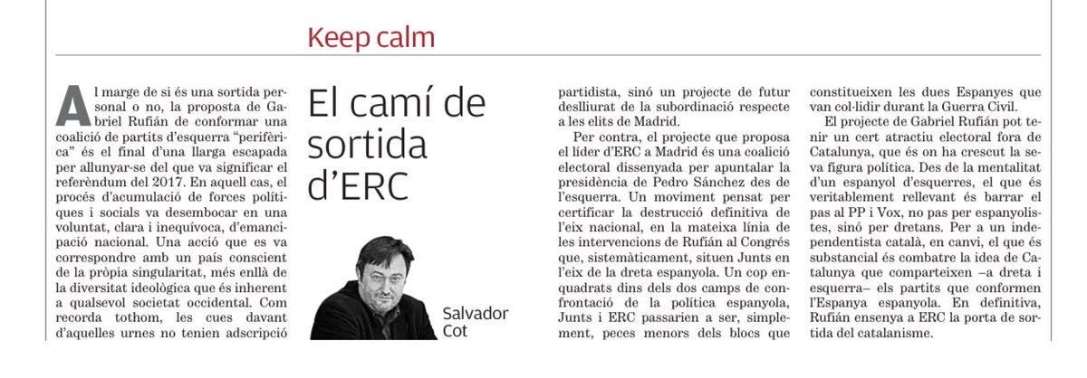 Molt ben explicat, amic ⁦<a href="/salvadorcot/">Salvador Cot</a>⁩. Caldrà buscar altres alternatives en l’esquerra socialdemòcrata independentista⁩. Almenys jo n’he vist una: <a href="/MovEsquerresCat/">Moviment d'Esquerres de Catalunya</a>. Només es tracta de fer-la gran perquè arribi a ser competitiva. ⁦<a href="/elpuntavui/">El Punt Avui 🎗️</a>⁩