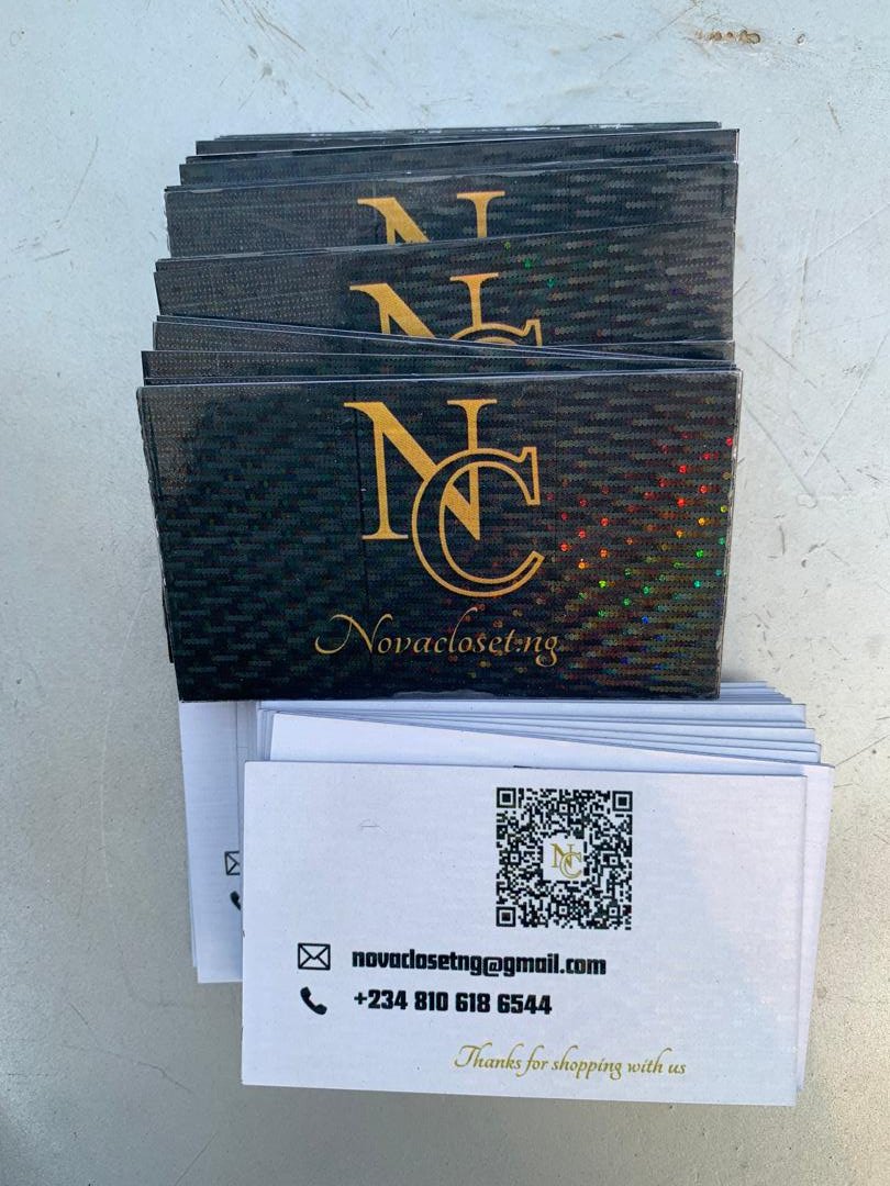600 grammage quality complimentary cards for NOVA CLOSET!

special edition: rainbow lamination front and back;

we dey print anything;
message us: wa.me/message/3OYKR7…
