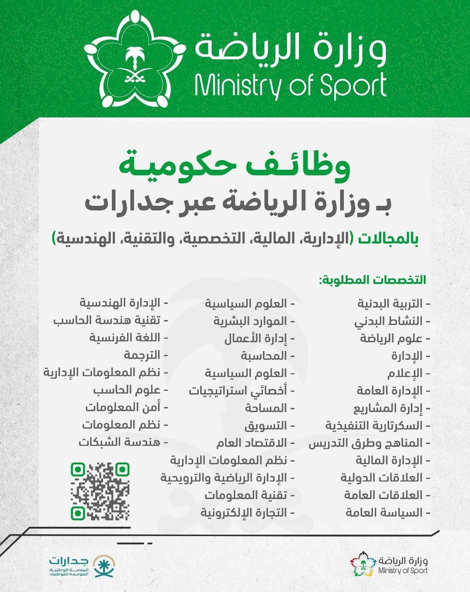 WadhefaDotCom's tweet photo. 🛑 هـام - فتح التوظيف في وزارة الرياضة عبر (#جدارت)

تعلن #وزارة_الرياضة عن فتح باب التوظيف للجنسين لشغل وظائفها (الإدارية، المالية، التقنية، الهندسية) للجنسين حملة البكالوريوس فأعلى عبر المنصة الموحدة للتوظيف جدارات

التفاصيل: https://t.co/GJSwiaixSp 

#وظائف_نسائيه #وظائف https://t.co/ObBogghZWX