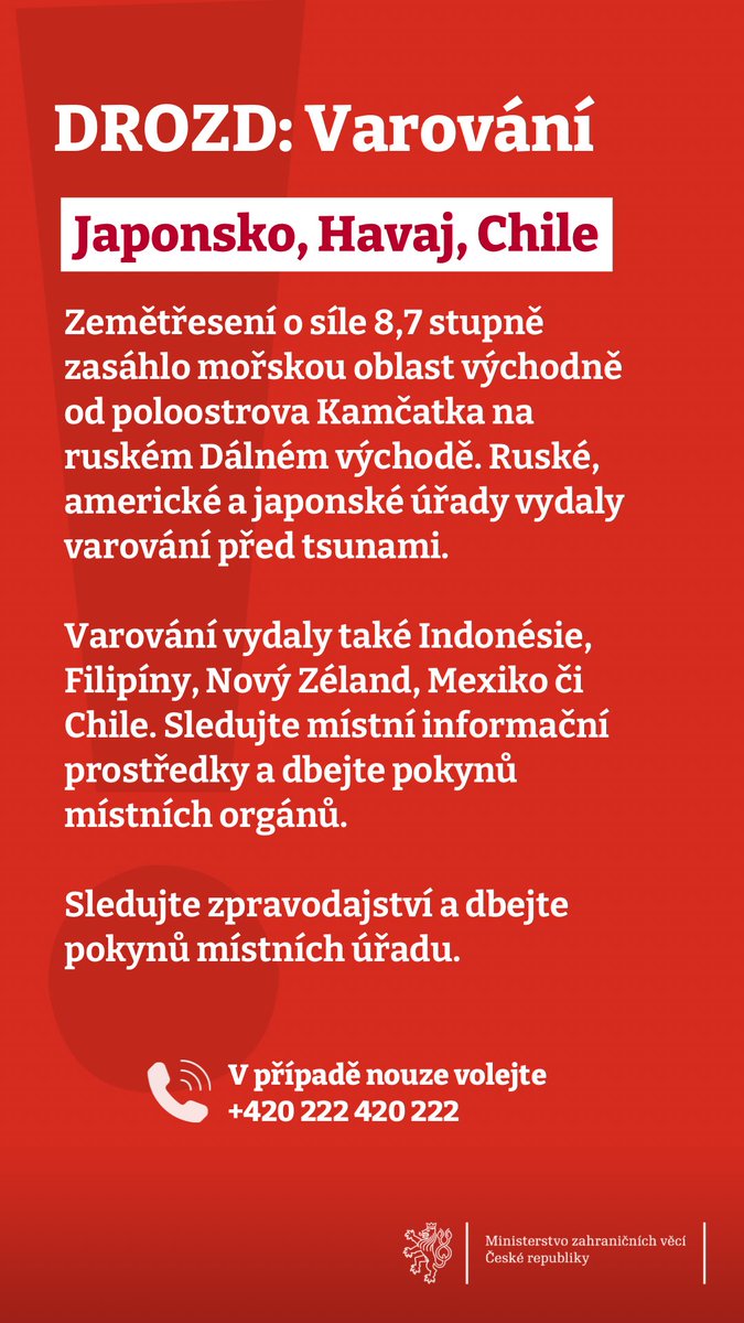 mzvcr's tweet photo. DROZD: Japonsko, Havaj, Chile
❗️Zemětřesení o síle 8,7 stupně zasáhlo mořskou oblast východně od poloostrova Kamčatka na ruském Dálném východě. Ruské, americké a japonské úřady vydaly varování před tsunami.
#SystemDROZD https://t.co/iKzj8L0xwv