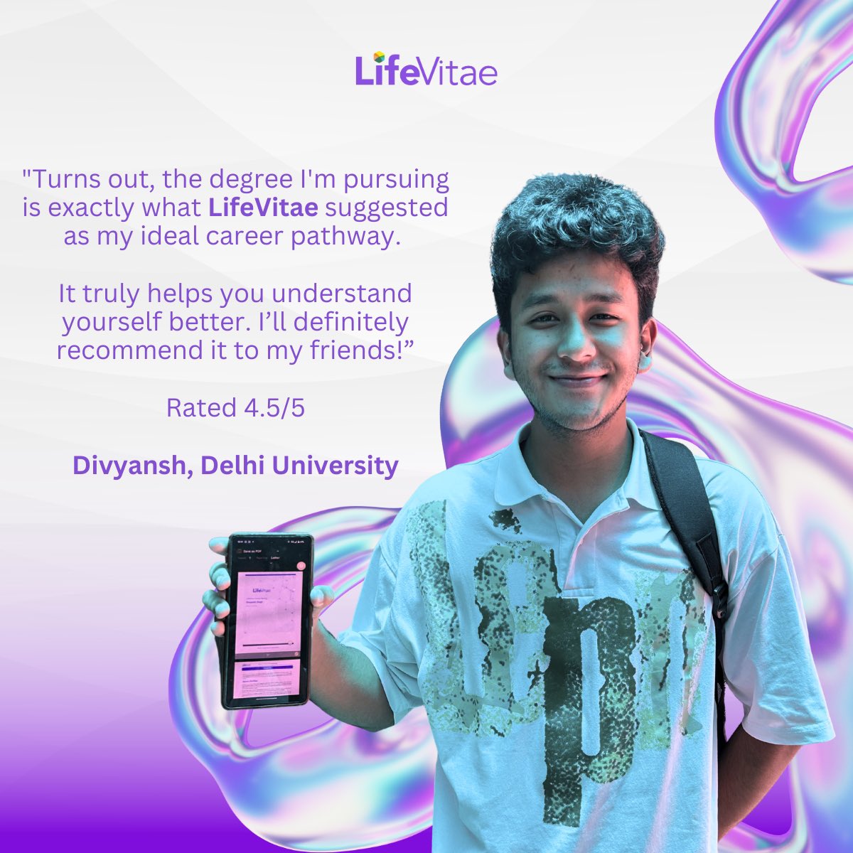 MLifevitae's tweet photo. Meet Divyansh from Delhi University. When he took the LifeVitae assessment, he discovered something powerful, the career pathway we suggested aligned exactly with the degree he was already pursuing.

At LifeVitae, we go beyond marks to map careers.
#CareerGuidance #StudentSuccess https://t.co/57lvKp76Rr