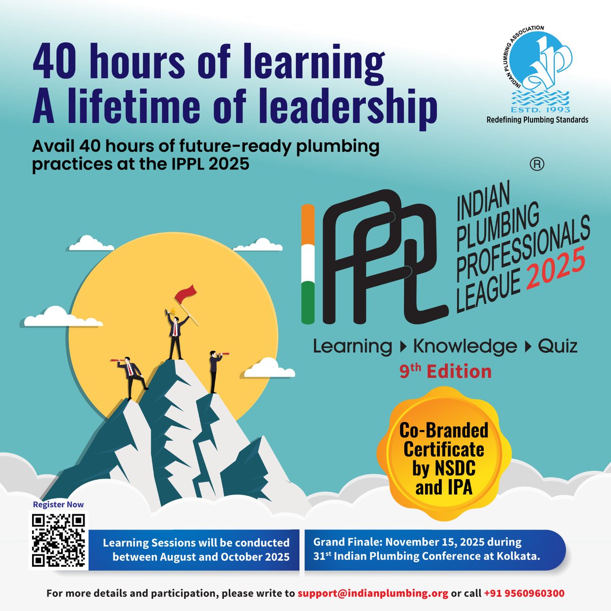 🚨 IPPL 2025 – 9th Edition is here!
Step into 40 hrs of future-ready plumbing knowledge 💥🚿
🧠 365+ sessions
🔧 Quiz-based learning
🎓 NSDC + IPA certification
🏆 Finale: Nov 15, Kolkata

📲 Register: indianplumbing.org

#IPPL2025 #SkillUpIndia #IPAChapter #FutureSkills