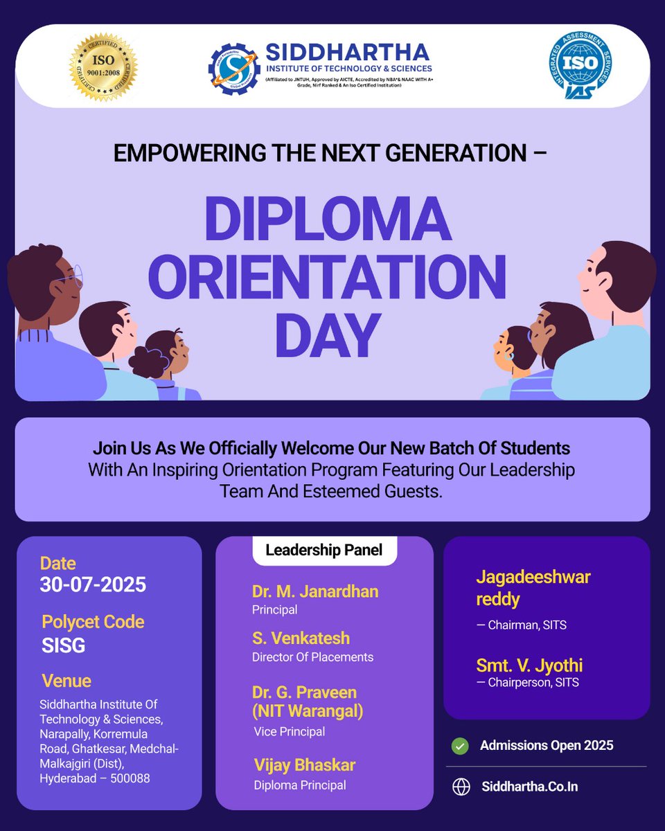 SITSedu's tweet image. 🎓 Diploma Orientation Day 2025 at SITS!
📍 Venue: Narapally, Hyderabad
🗓️ Date: 30 July
🎫 Polycet Code: SISG
Meet faculty, experts, &amp;amp; management to kickstart your career.
📞 9908535188 / 8712391444
#SITS #PolyCET2025 #DiplomaEngineering