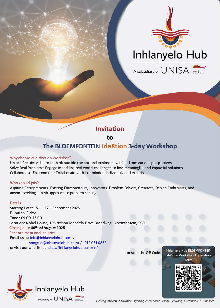 Inhlanyelo Hub NPC (@inhlanyelo_hub) on Twitter photo #Bloemfontein Unlock Your Potential at the Ide8tion 3-day Workshop!
Apply Now:
forms.office.com/r/UVQxnDwyqk
Email: songcan@inhlanyelohub.co.za
Call: 012 051 0862
Unisa - The University of South Africa Unisa Radio
#inhlanyelohub #Ide8tionWorkshop #CollaborateToElevate #Bloemfontein Unlock Your Potential at the Ide8tion 3-day Workshop!
Apply Now:
forms.office.com/r/UVQxnDwyqk
Email: songcan@inhlanyelohub.co.za
Call: 012 051 0862
Unisa - The University of South Africa Unisa Radio
#inhlanyelohub #Ide8tionWorkshop #CollaborateToElevate