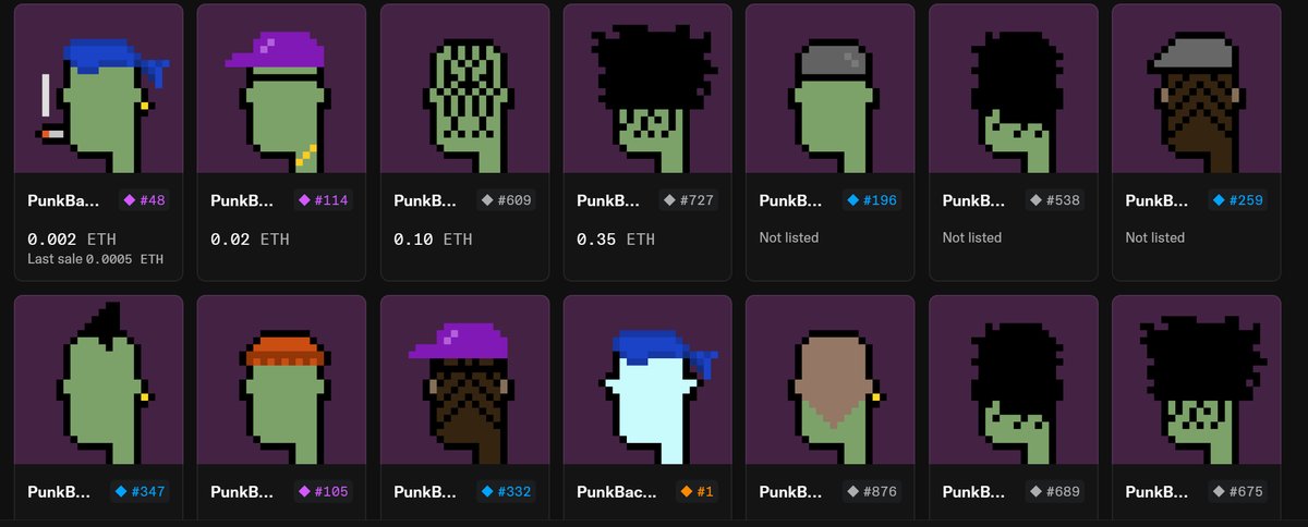 Free mint unlike anything before, an entirely new twist on the legendary <a href="/cryptopunks/"></a>. Punks, but facing backwards. totally different to any other punk project out there, Multiple projects already on the WL.
punkback.xyz

x.com/WeepingPlebs/s…

Many Rare's to go